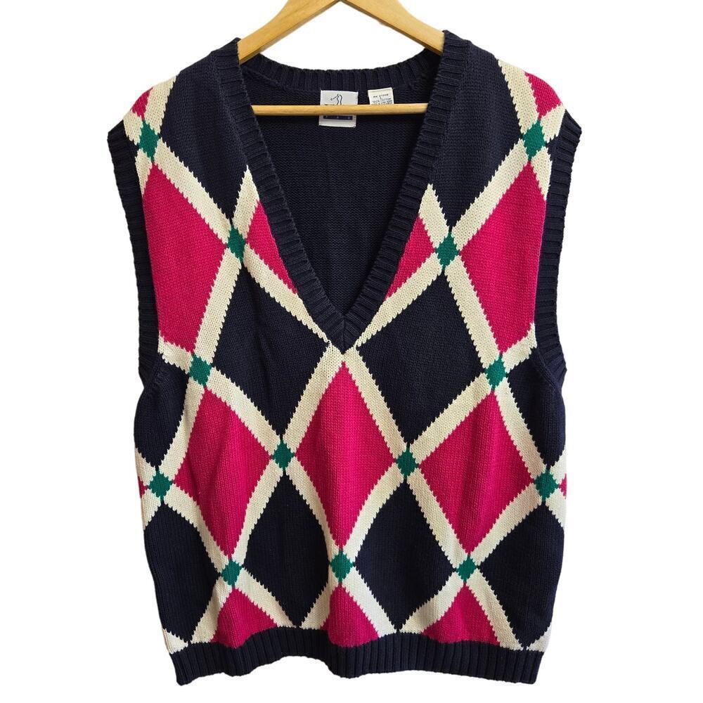 EP Pro Womens Vintage Argyle V-Neck Sweater Vest Sz L Preppy Academia Old Money